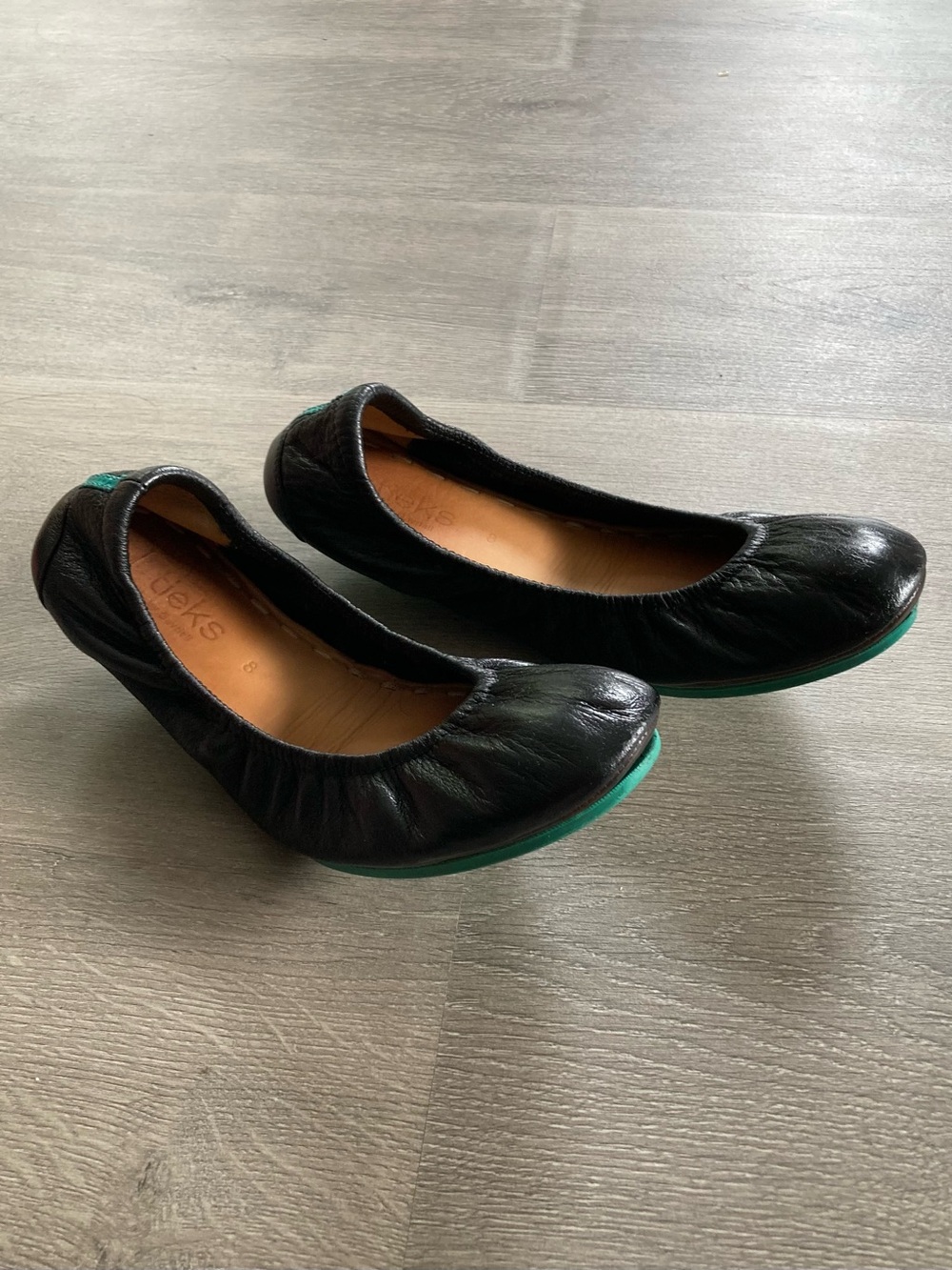 Tieks Black Leather Ballet Flats with Green Trim